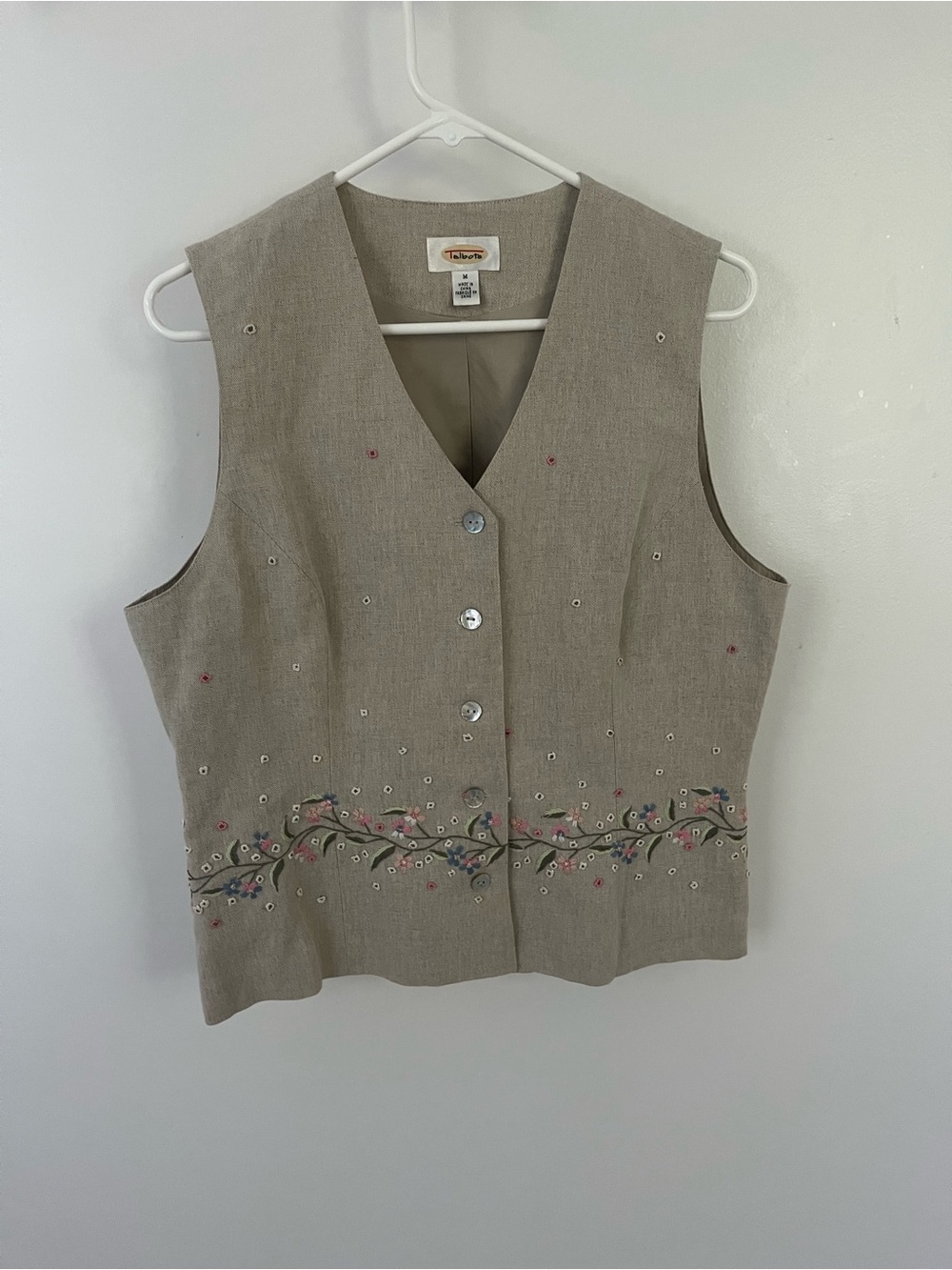 Talbots Taupe Embroidered Linen-Blend Button Vest
